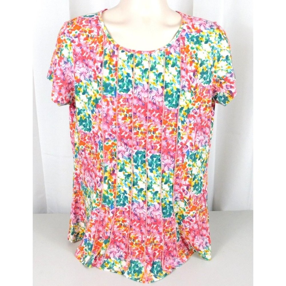 Northstyle Womens Colorful Swing Top L Pink/Multi Color Poly Blend Short Sleeves